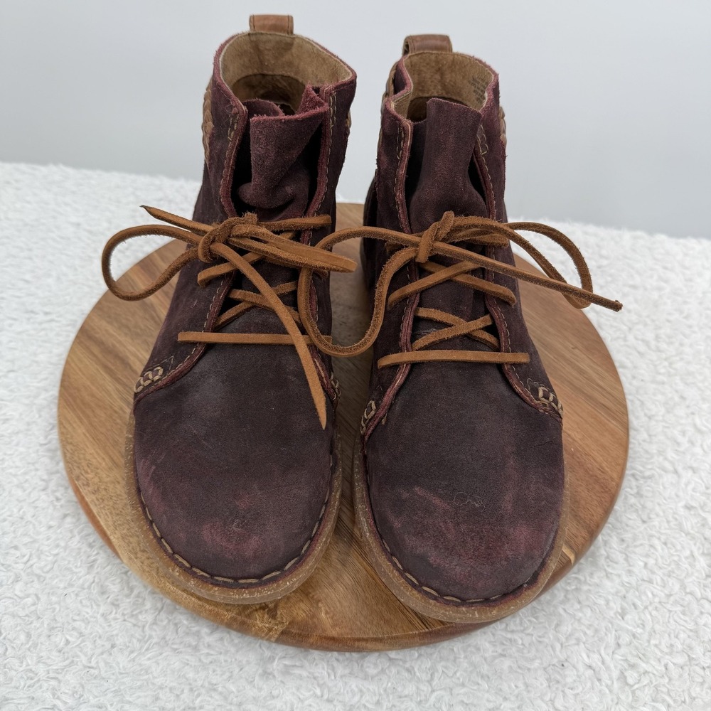 Born Temple Boots Womens Size 8 Purple Suede Ankle Booties Braided Trim Wedge - Picture 3 of 10
